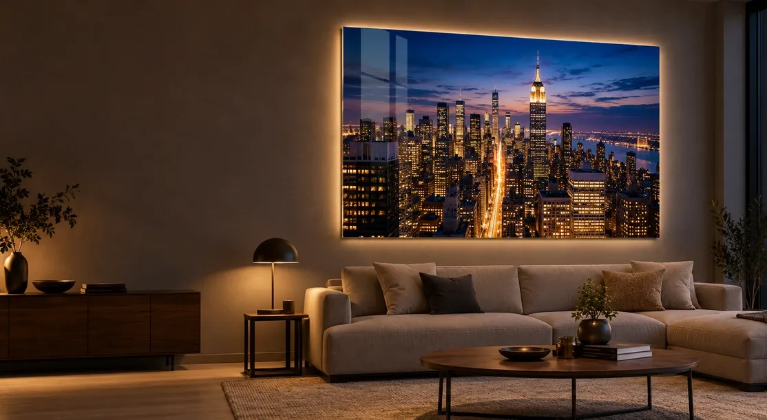 Photo sur Plexiglas éclairée représentant une ville de nuit dans un intérieur moderne